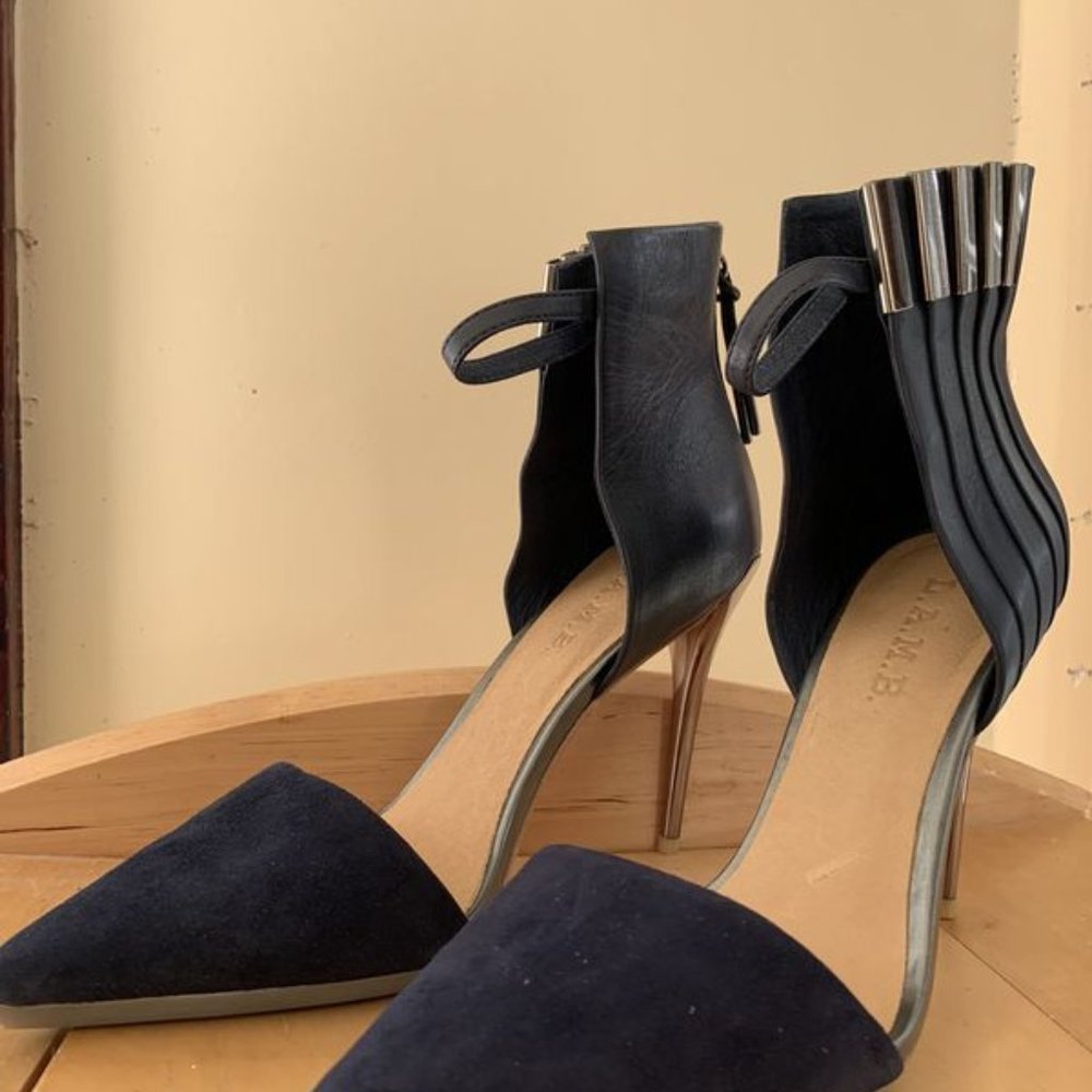 L.A.M.B. Tomas Mixed Leather and Suede Pump, navy